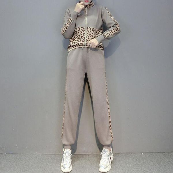 

2021 new lurex sweater and set casual knitted sweaters pants 2pcs track suits zipper women trousers+jumpers clothing sets gmk4, Gray