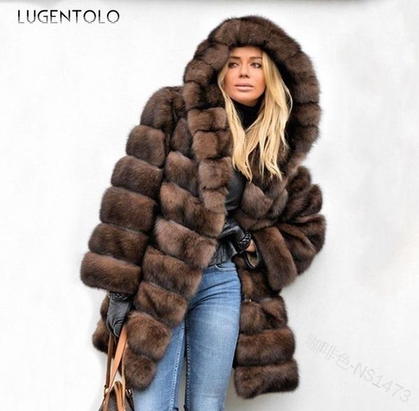 

women's fur & faux lugentolo women coat winter warm large size fashion jacket female hooded solid loose fluffy casual coats, Black