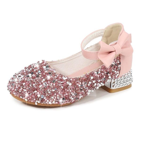 

flat shoes 2021 children leather kids rhinestone princess for wedding and party crystal show girls gold silver pink, Black;grey