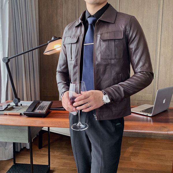 

New British 2021 Style Winter Solid Turn Down Collar Vintage Plutonium Leather Jacket Men's Clothing Fine Trim Front Pockets 3xl-m WWUZ, Black