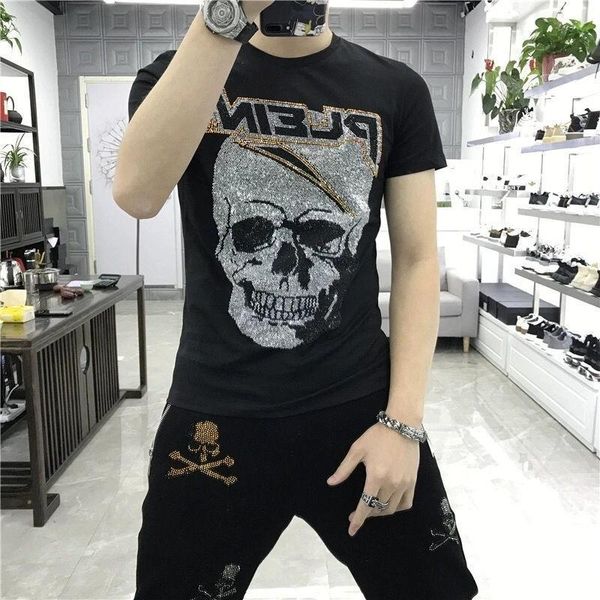 

men's t-shirts sale brand o-neck fashion summer hip hop t-shirt rhinestones and heavy craft skull delicate short-sleeved, White;black