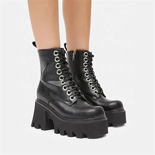 

boots pxelena split leather combat platform women punk rock gothic chunky block high heels cosplay motorcycle shoes 34-43, Black