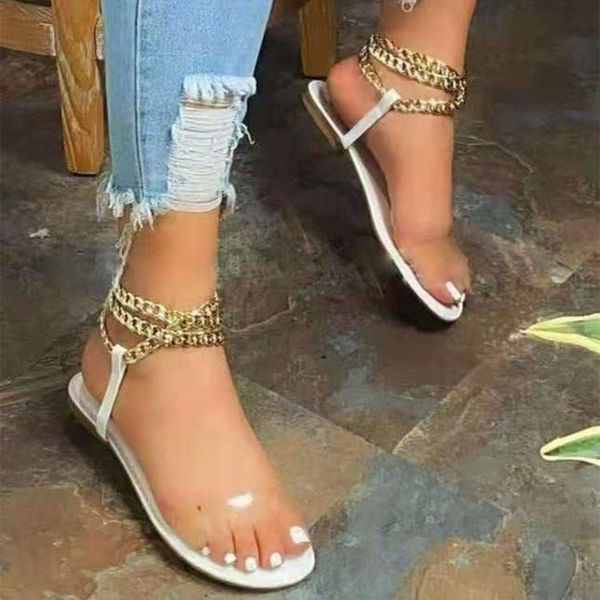 

oeing 2021 summer new style flat sandals fashion solid color chain open toe outdoor women's shoes plus size 43 sandalias mujer, Black