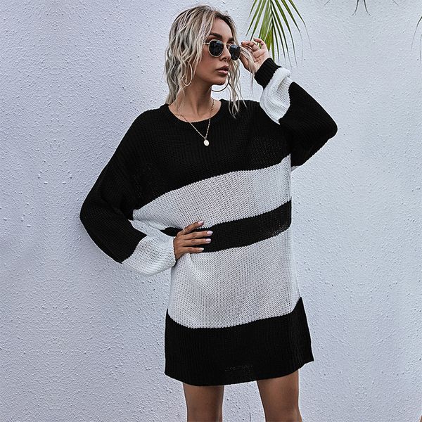 

2021 vintage striped jumper full sleeve autumn winter high waist knitted pullovers sweater for women new 6c74, White;black