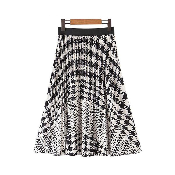 

skirts women skirt plaid pleated elegant a-line elastic waist knee-length vintage long korean casual chic retro, Black