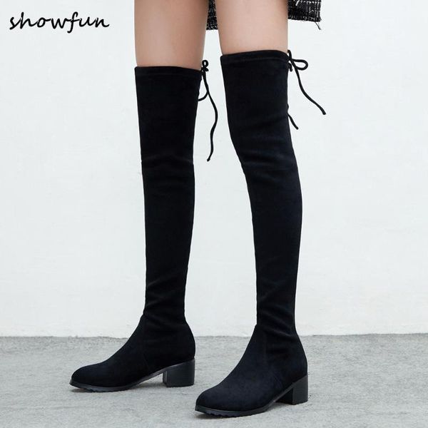 

boots women's stretch flock slip-on thick high heel winter black slim over the knee round toe warm plush long shoes women