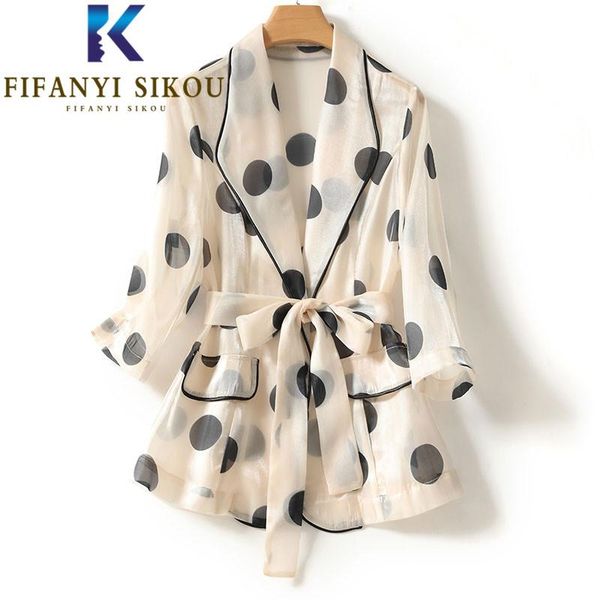 

women's suits & blazers organza suit jacket women single button fashion polka dot print blazer ladies loose summer thin coat, White;black