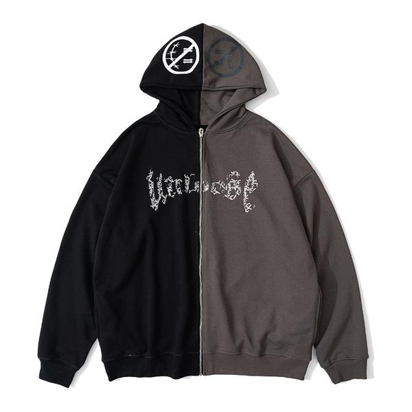 

men's hoodies & sweatshirts lacible men zipper hip hop streetwear color block patchwork hooded jacket coat cotton loose autumn, Black