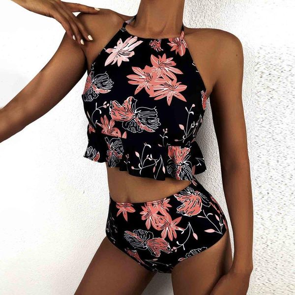 

women's swimwear 2021 high waist bikini women swimsuit push up bikinis bathing suit biquini floral print ruffle bather, White;black