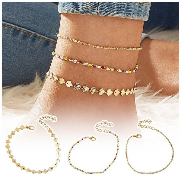 

beaded, strands 3 pieces set bohemian beach vacation style simple fashion color rice beaded scallop anklet for women jewelry gift 21706, Black
