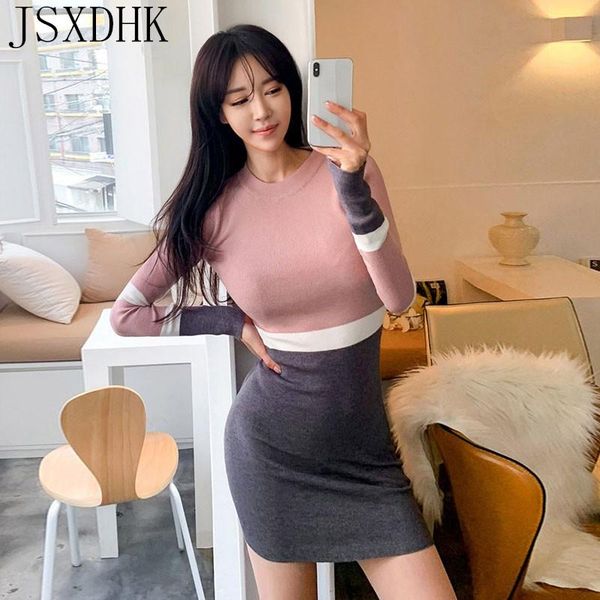 

casual dresses jsxdhk autumn knitted sheath bodycon pencil dress women slim business party office vestidos, Black;gray