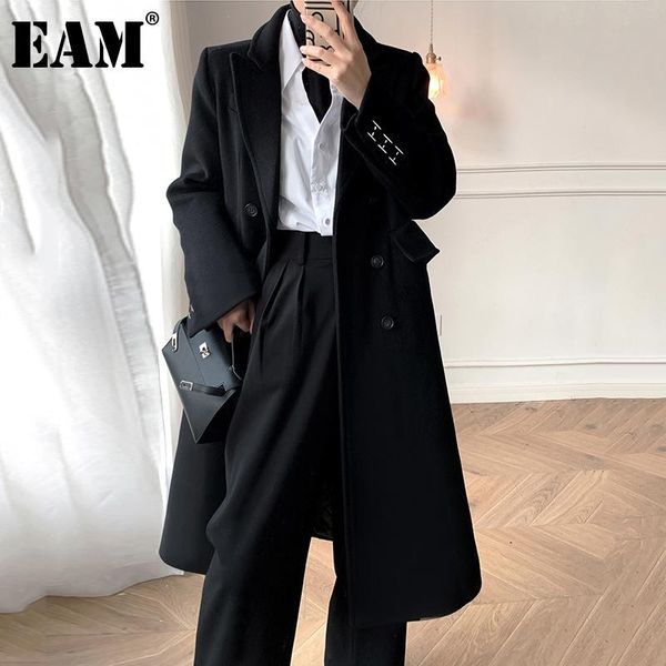 

women's wool & blends [eam] loose fit pockets black woolen coat parkas notched collar long sleeve women fashion tide autumn winter 2021