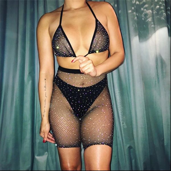 

great sparkly 2 piece set women summer nightclub runway fishnet crop and biker shorts woman sets party club outfits, Gray
