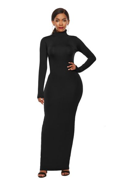 

autumn winter new elegant long sleeve turtleneck long dress solid casual robe high stretchy bodycon yellow maxi dress plus sizes, Black;gray