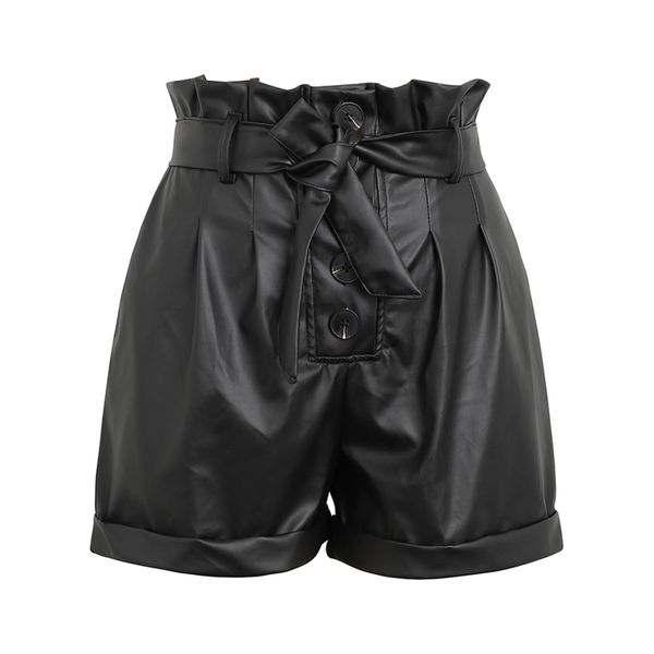 

high waist leather shorts women sashes wide leg shorts button faux leather bottoms high street pocket black elastic bud shorts 210309, White;black