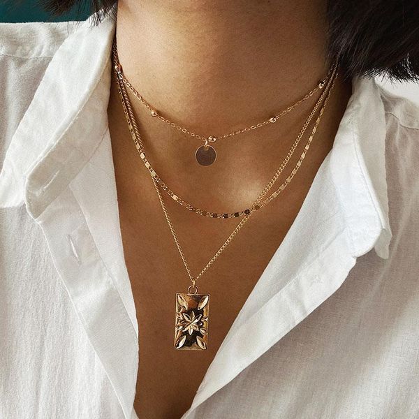 

pendant necklaces vintage multilayer statue carving flower square necklace for women ladies geometric clavicle jewelry xr2822, Silver