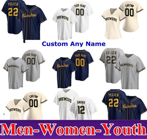 

2020 21 milwaukee men women kids 22 christian yelich josh hader woodruff lorenzo cain ryan braun brent suter arcia brewers baseball jerseys, Blue;black