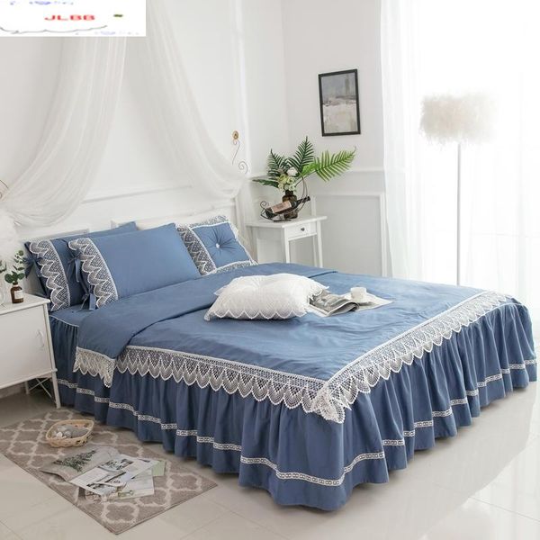 

bedding sets blue lace princess wedding luxury set king  twin pure cotton bed skirt duvet cover bedspread pillowcase bedclothes