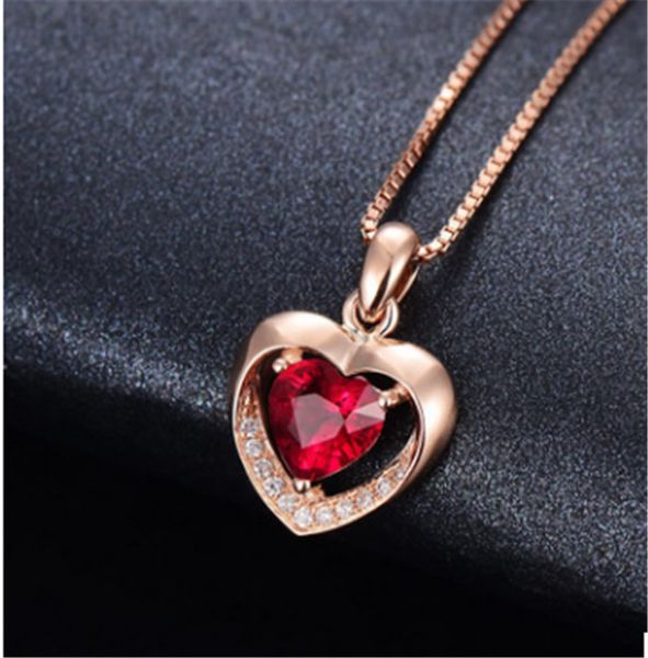 

new temperament simple fashion heart-shaped love simulation red tourmaline color treasure pendant female clavicle chain jewelry, Black