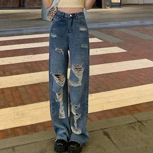 

women's jeans 2021 korean style autumn women hole design cotton denim ankle-length pants button waist casual loose straight p109, Blue