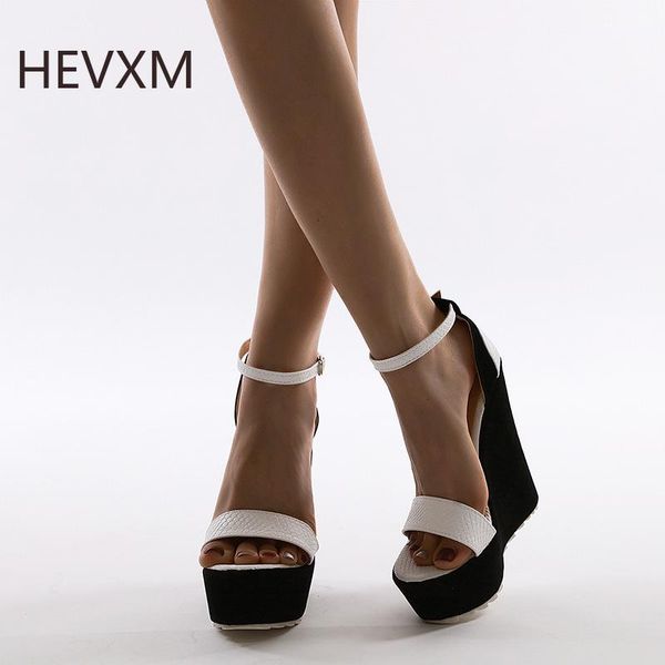 

sandals hevxm summer fashion wedges women snake print pu leather peep toe ankle buckle strap platform shoes, Black