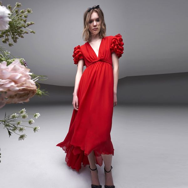 

long dress runway 2021 summer fashion red v-neck vintage elegant butterfly sleeve chic party dresses zlh7, Black;gray