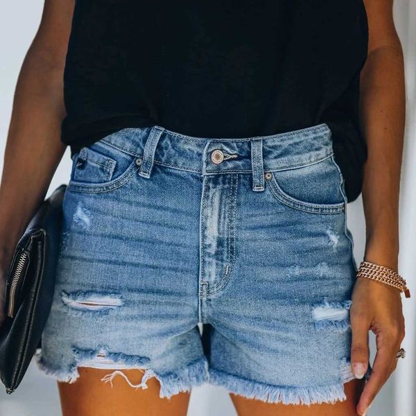 

jeans classic shorts 2021 summer burr hole denim, Blue