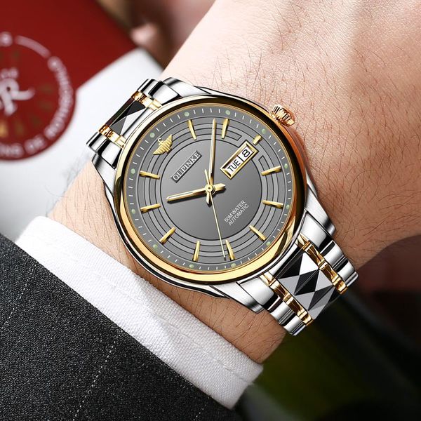 

wristwatches oupinke brand original genuine men mechanical automatic watches waterproof business tungsten steel strap watch, Slivery;brown