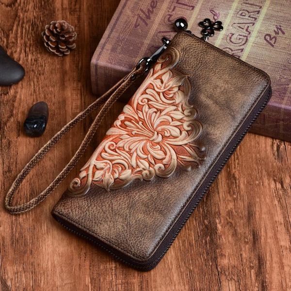 

vintage female wrist purse clutch bags multi cards handy bag women genuine leather embossed long zipper wallet, Red;black