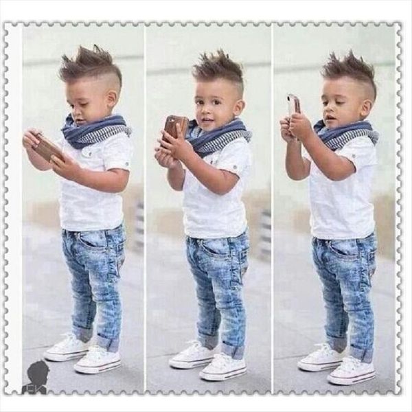 

casual boys clothes suits children short shirt jean scarf sets kids white shirts trouser baby outfits stripe neckerchief
