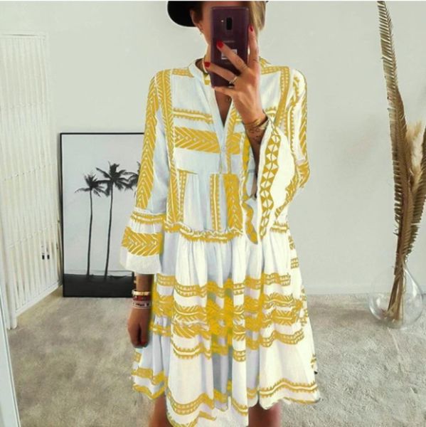 

geometric print boho women bohemian swimwear beach dress v-neck bell sleeve summer casual dresses 2021 vestido de mujer, White;black