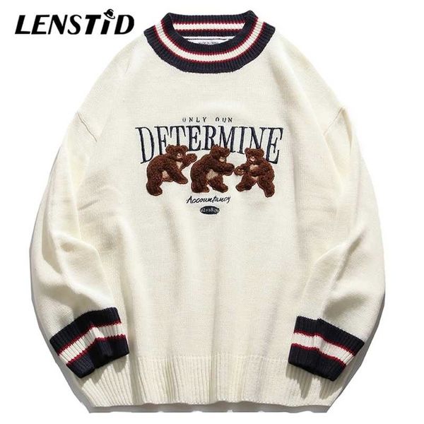 

lenstid men hip hop knitted jumper sweaters embroidery bear streetwear harajuku autumn casual knitwear pullovers fashion 211008, White;black