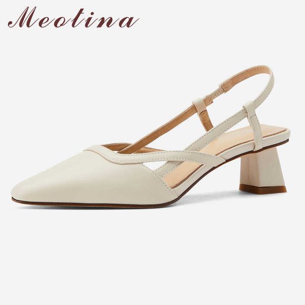 

meotina genuine leather mid heels pumps slingbacks women shoes square toe block heel shallow ladies shoes summer beige size 40 210608, Black