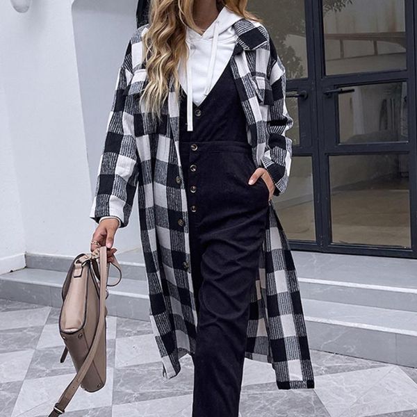 

women's wool & blends jacket lattice long section women lapel single breasted sleeve 2021 autumn winter fashion temperament casual over, Black