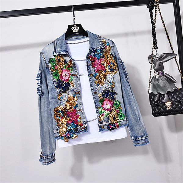 

fashion sequin flower female loose jeans jacket coat and long pants 2 piece set women plus size denim 2pcs streetwear pkz7, Blue