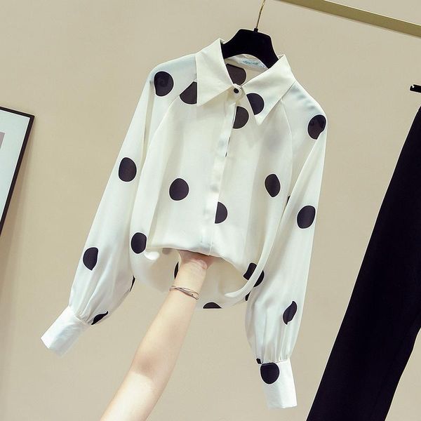 

simple classic chiffon shirt female lantern long-sleeved autumn white polka dot loose fashion shirt office ladies elegant blouse