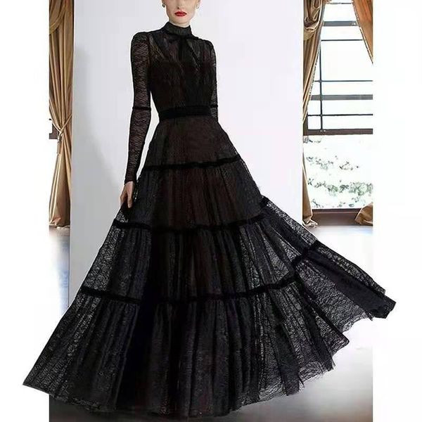 

casual dresses runway black lace long sleeve dress women's 210122lj01, Black;gray