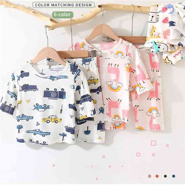 

summer 2 3 4 6 8 10 years cartoon animal car print cotton short sleeve t-shirt sleepwear pajama sets for baby kids boy girl 210701, Blue;red