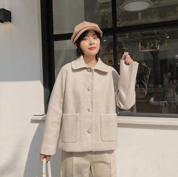 

women's wool & blends hcbless 2021 autumn and winter temperament is sweet embroidered edging loose short woolen coat, Black