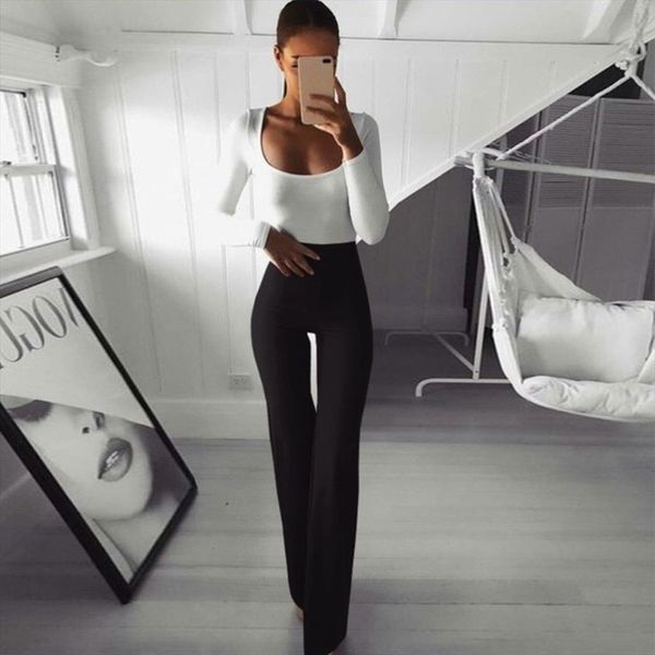 

plus size slim women pant high waist skinny palazzo wide leg flared ladies stretch trousers pants black white blue