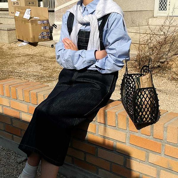 

vintage loose split denim strap dress women summer mid-length straight dresses fashion all-match silm waist vestidos 210525, Black;gray