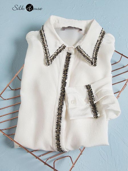 

women's blouses & shirts 2021 fashion design shirt retro lace decorated long sleeve white silk