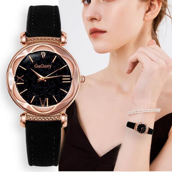 

wristwatches exquisite leather women watches fashion rose gold ladies bracelet watch romantic starry design women's dress, Slivery;brown