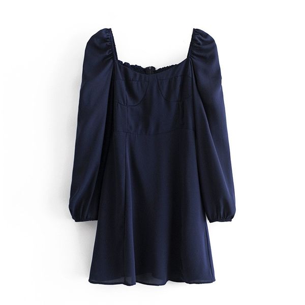 

casual dresses women vintage square collar long sleeve elastic high waist blue mini chic lady sprint back zippe slim dress 86h5, Black;gray