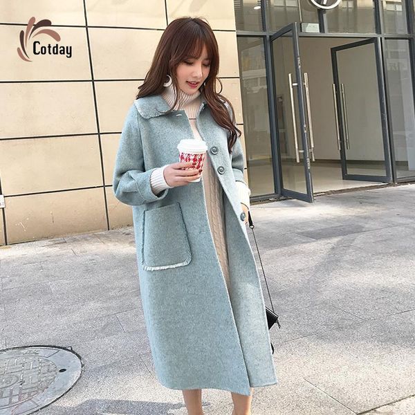 

women's wool & blends cotday botton scarf collar iong blue single brested vintage sweet skirt blend winter warm women coat jacaket over, Black