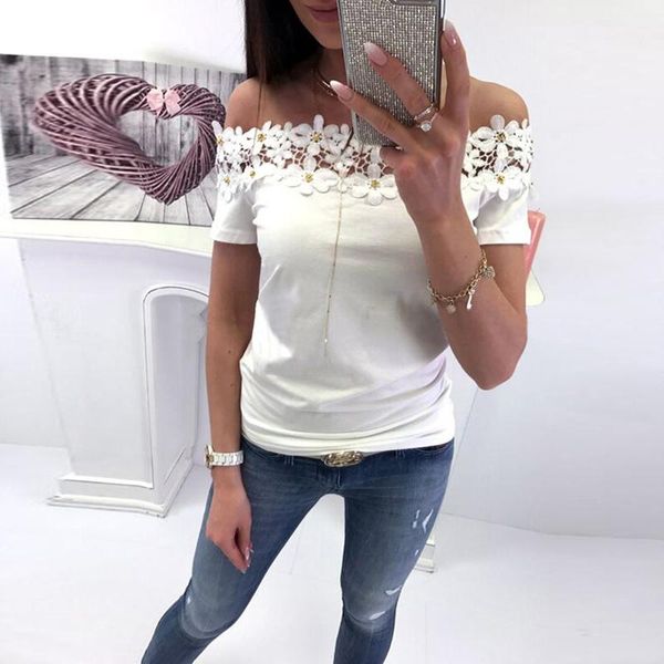 

women's t-shirt fashion summer women short sleeve bead flower lace casual slash neck off-shoulder ladies female camisetas, White