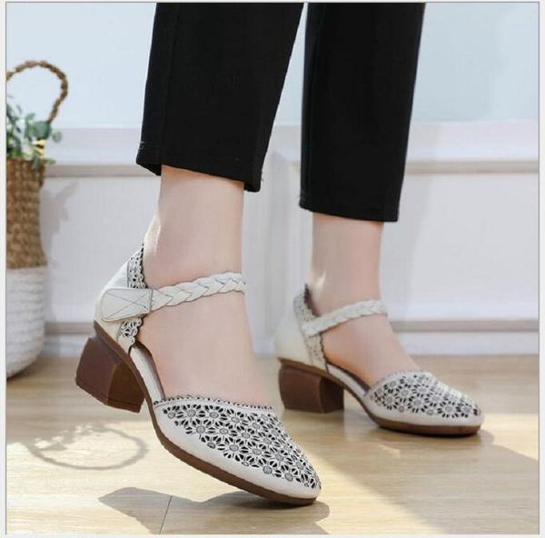 

dress shoes 2021 summer soft bottom flat genuine leather women thick heel sandals comfortable handmade mother casual, Black