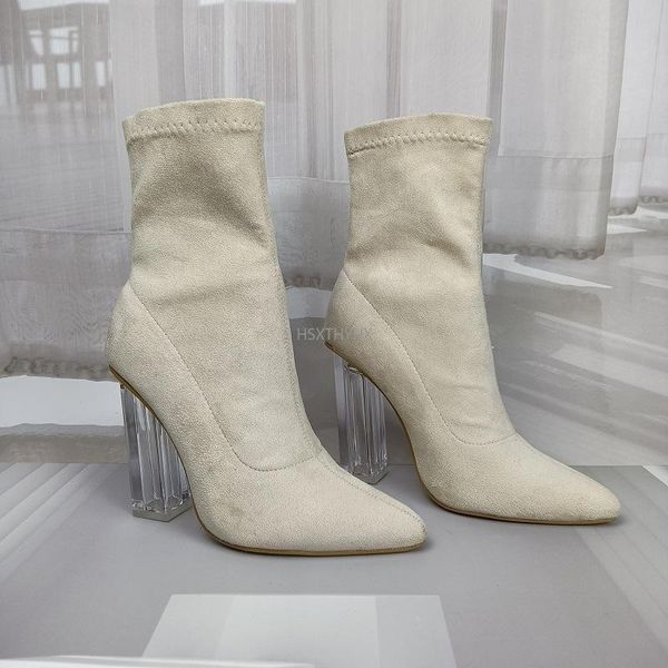 

boots women's pointed toe yarn elastic ankle thick heel high heels shoes female transparent black winter