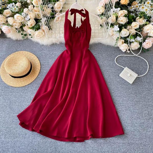 

casual dresses holiday dress 2021 summer backless halter women fashion pleated chest emphasizing high waist vestidos n560, Black;gray
