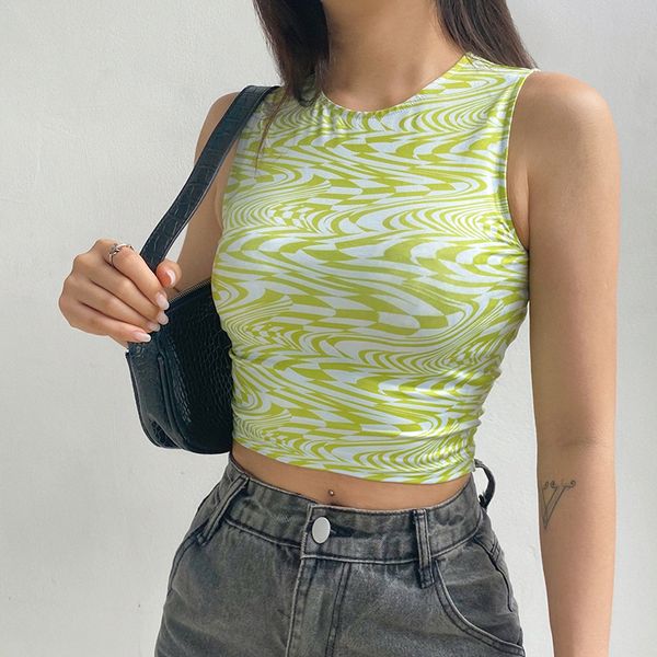 

propcm streetwear vintage water ripple printed tank skinny slim crop women short vest beach holidays summer y2k, White